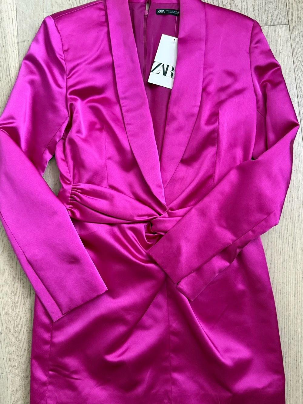 ZARA Hot Pink Satin Twist-Front Robe Dress